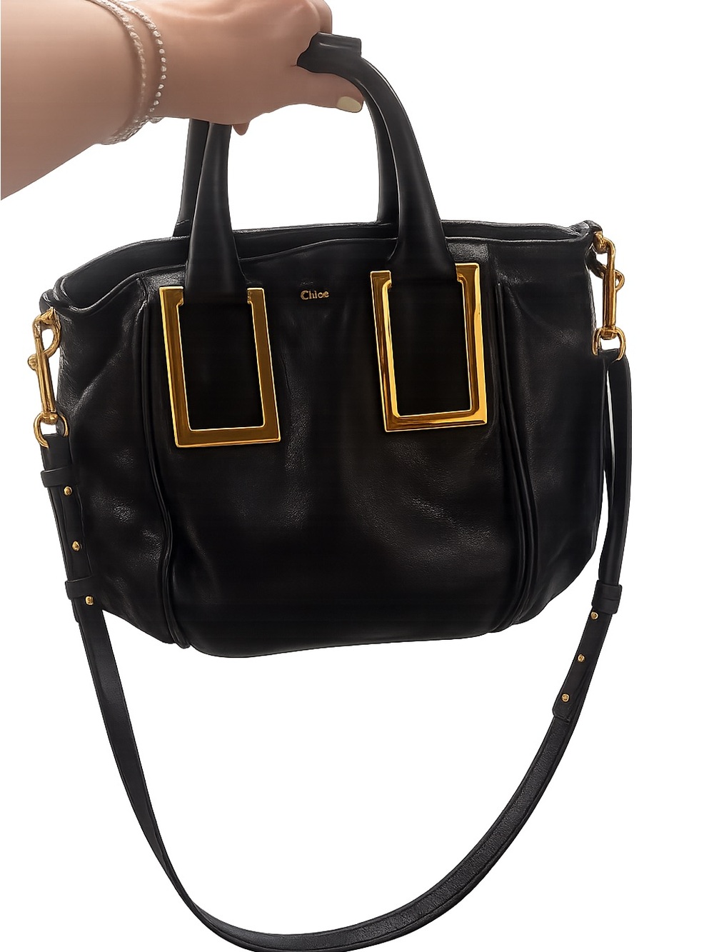 Chloé Black Leather Satchel with Gold Trim, Brown Top Handles and shoulder strap - Picture 3 of 3